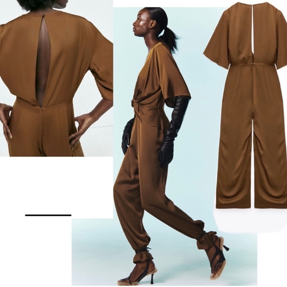 Zara Brown Satin Effect Twisted Effect Plunging Neckline Jumpsuit Size X… - Picture 5 of 16